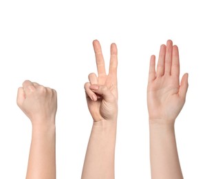 Image of People playing rock, paper and scissors on white background, closeup