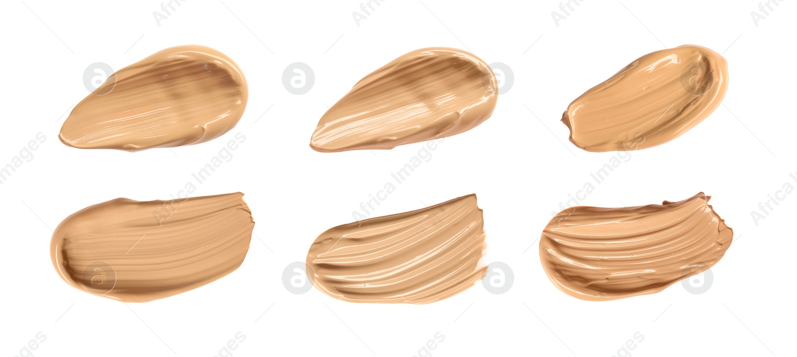 Image of Set with different shades of liquid skin foundation on white background, top view. Banner design