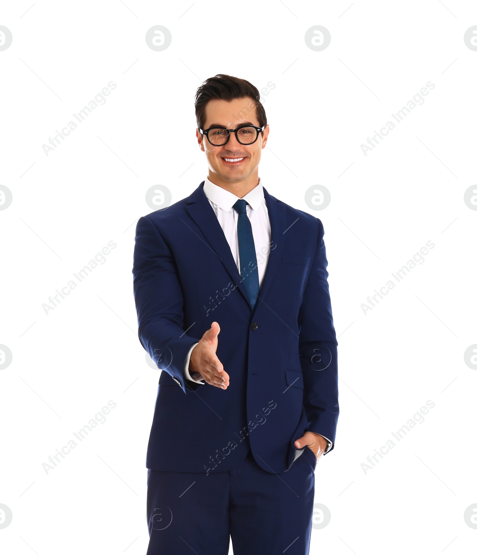 Photo of Professional business trainer offering handshake on white background