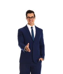 Photo of Professional business trainer offering handshake on white background