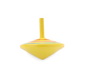 Photo of One bright spinning top isolated on white. Toy whirligig