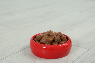 Photo of Wet pet food in feeding bowl on floor, space for text