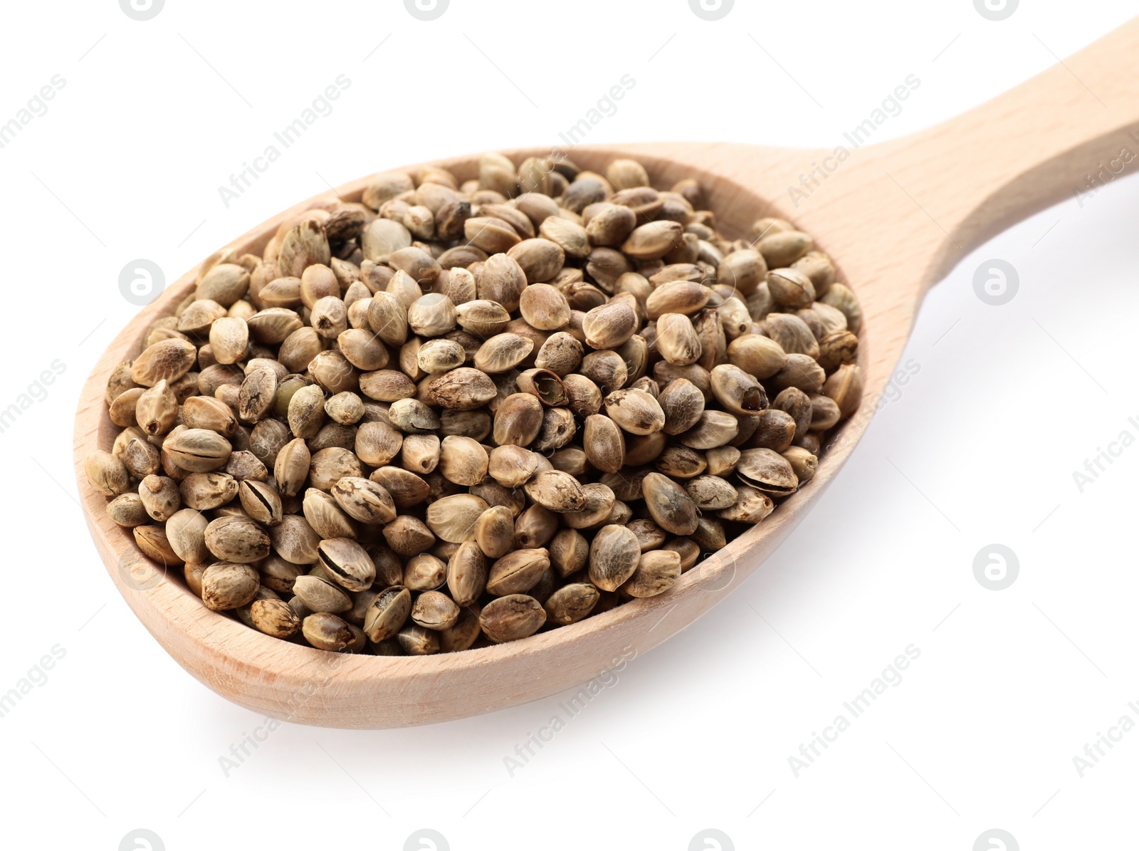 Photo of Wooden spoon with hemp seeds on white background