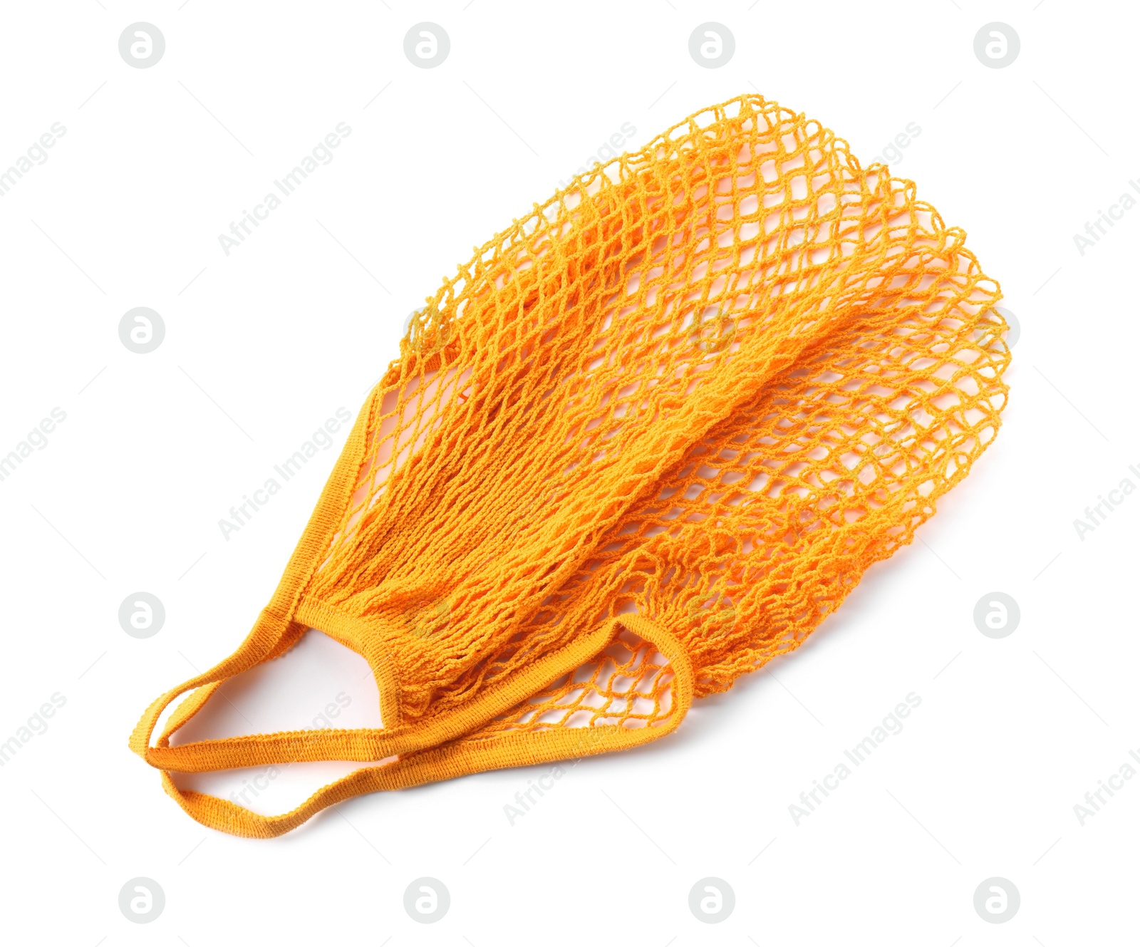 Photo of Orange empty string bag isolated on white, top view