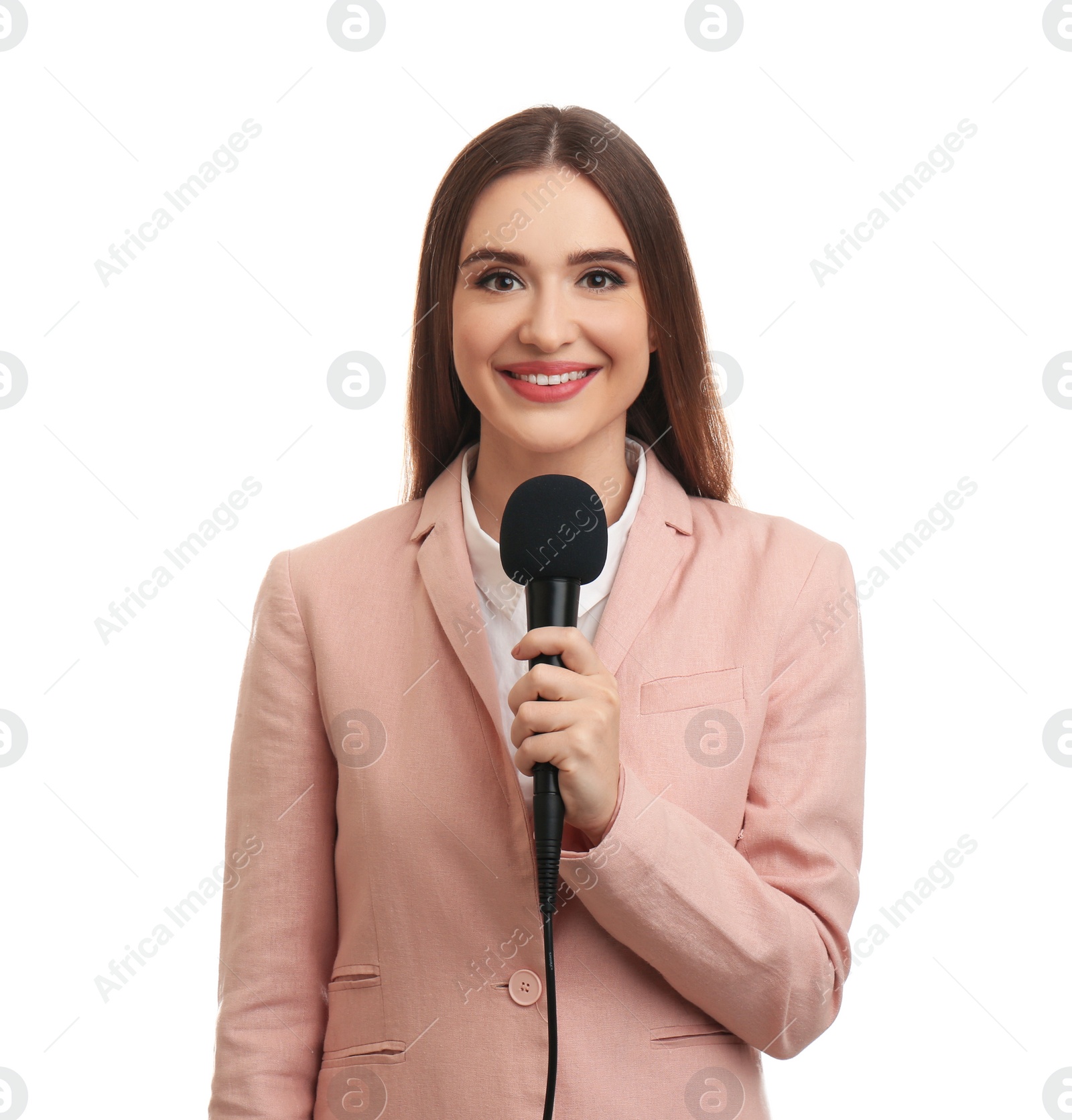 Photo of Young female journalist with microphone on white background