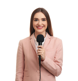 Young female journalist with microphone on white background