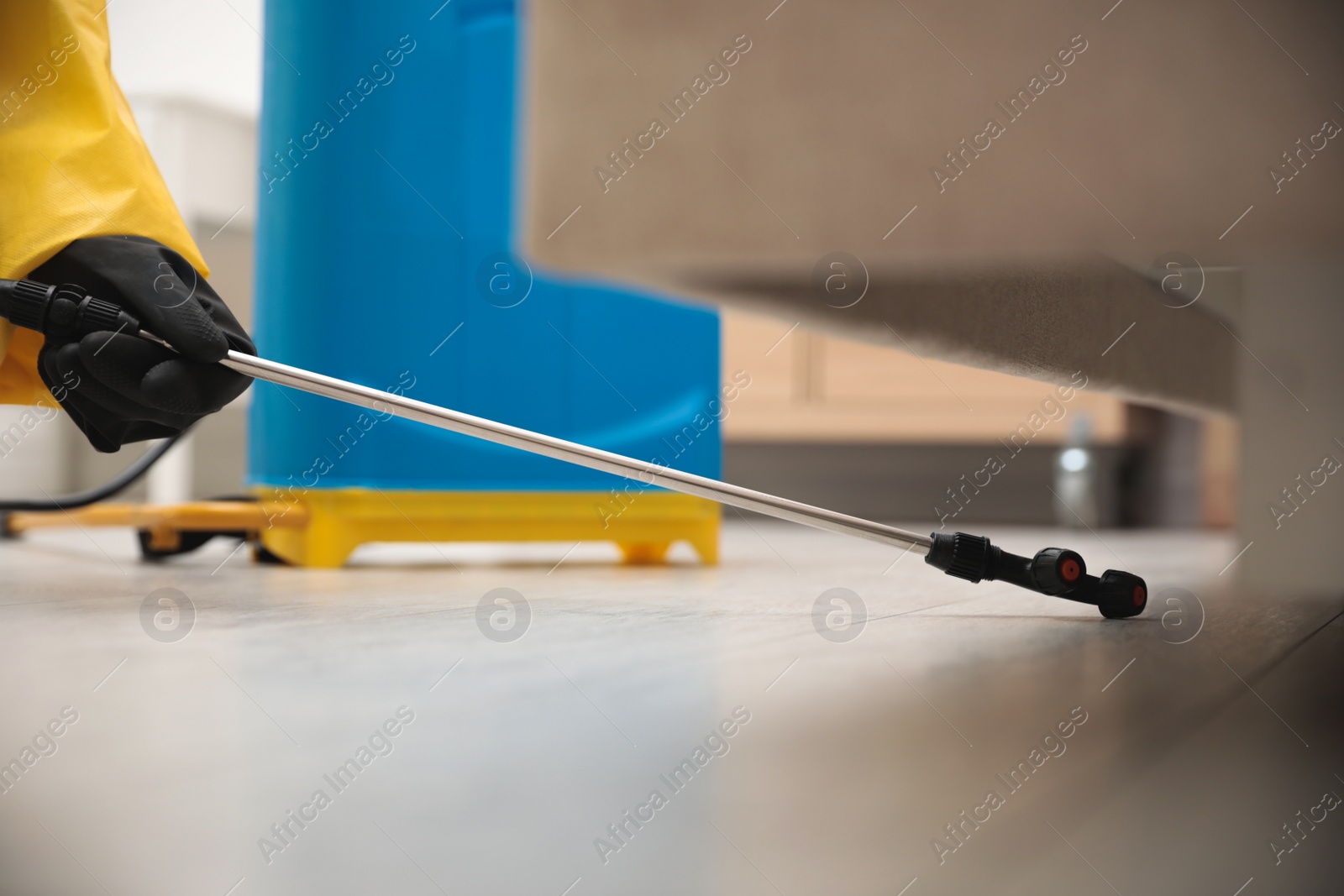 Photo of Pest control worker spraying pesticide under furniture indoors, closeup