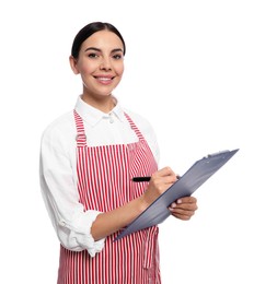 Young woman in red striped apron with clipboard on white background