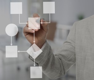 Image of Man pointing at flowchart on virtual screen indoors, closeup. Business process