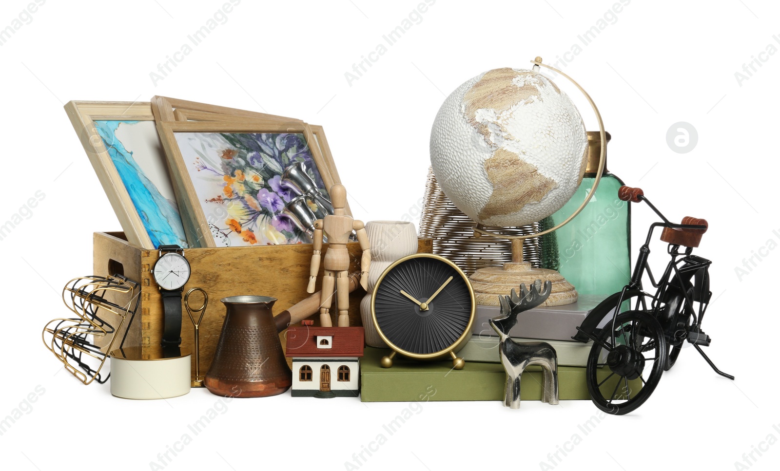 Photo of Many different stuff isolated on white. Garage sale