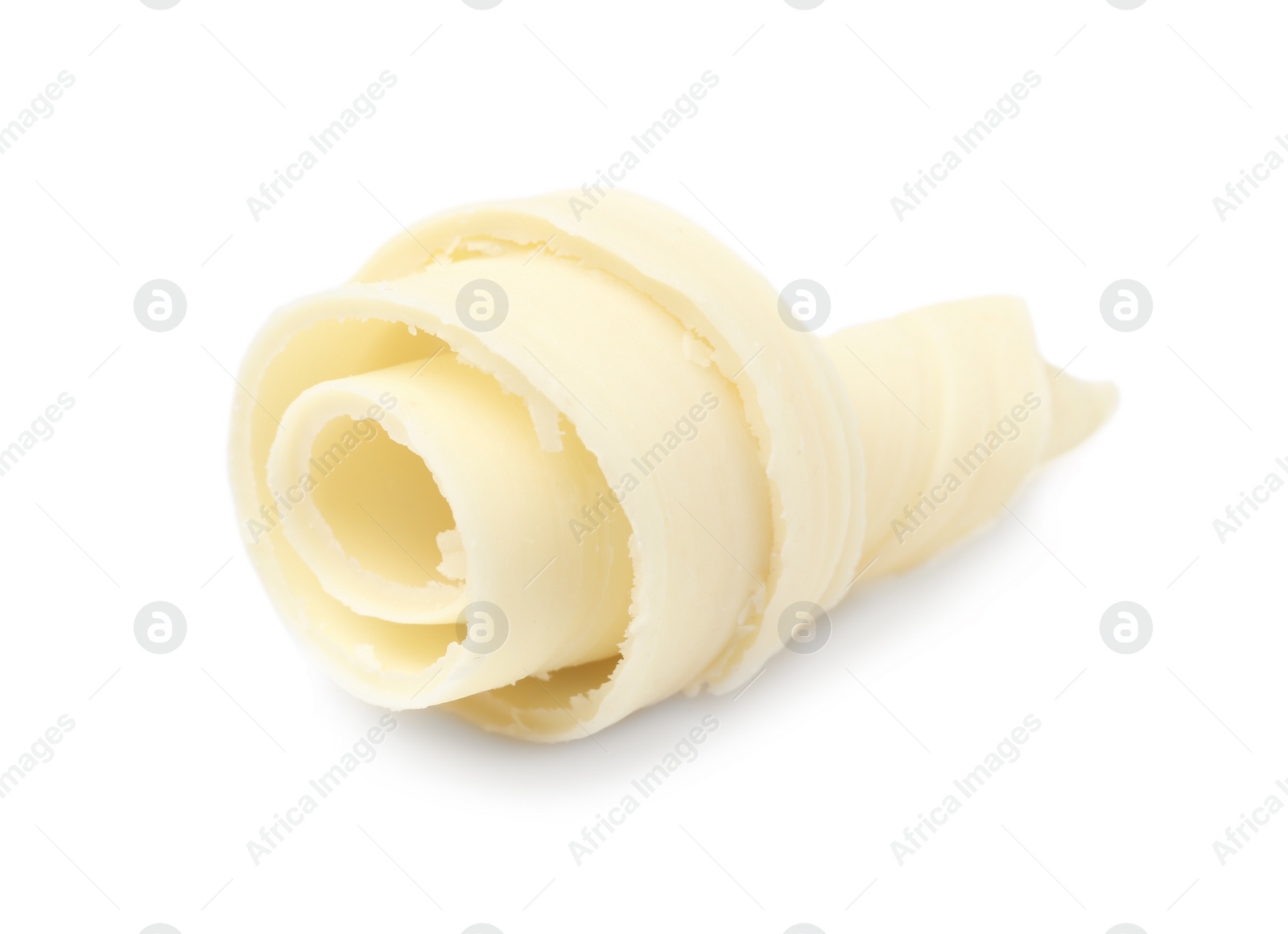 Photo of Yummy chocolate curl for decor on white background