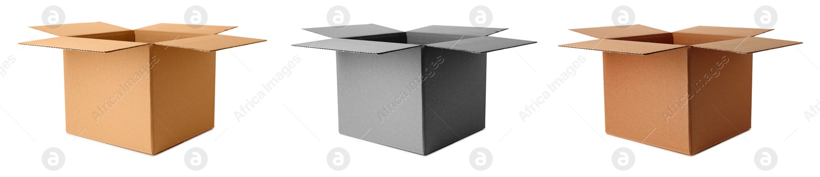 Image of Set of open cardboard boxes on white background. Banner design