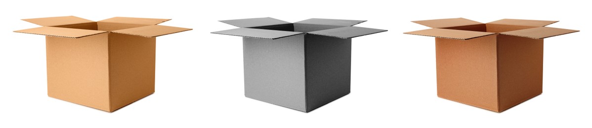 Set of open cardboard boxes on white background. Banner design