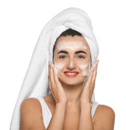 Photo of Beautiful woman applying cleansing foam onto face against white background