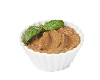 Bowl with delicious meat pate and basil isolated on white