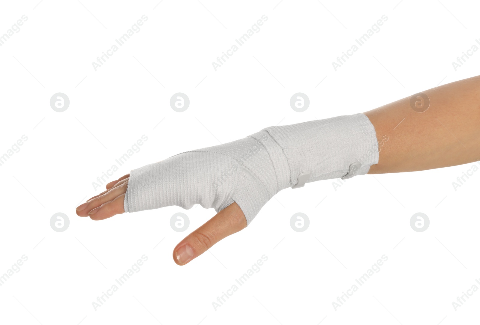 Photo of Woman with hand wrapped in medical bandage on white background, closeup