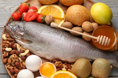 Photo of Allergenic food. Different fresh products on table, top view