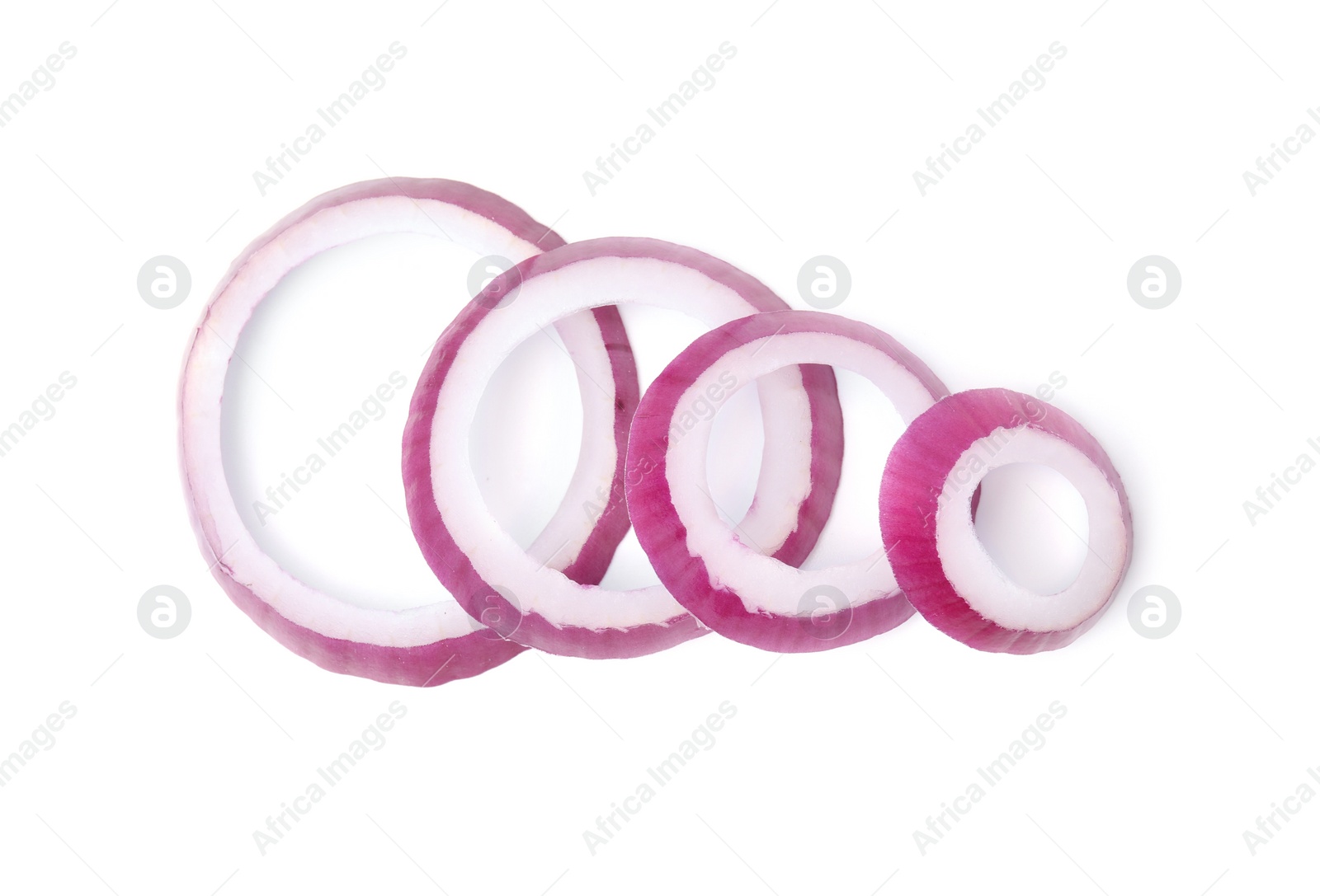 Photo of Fresh rings of red onion isolated on white, top view