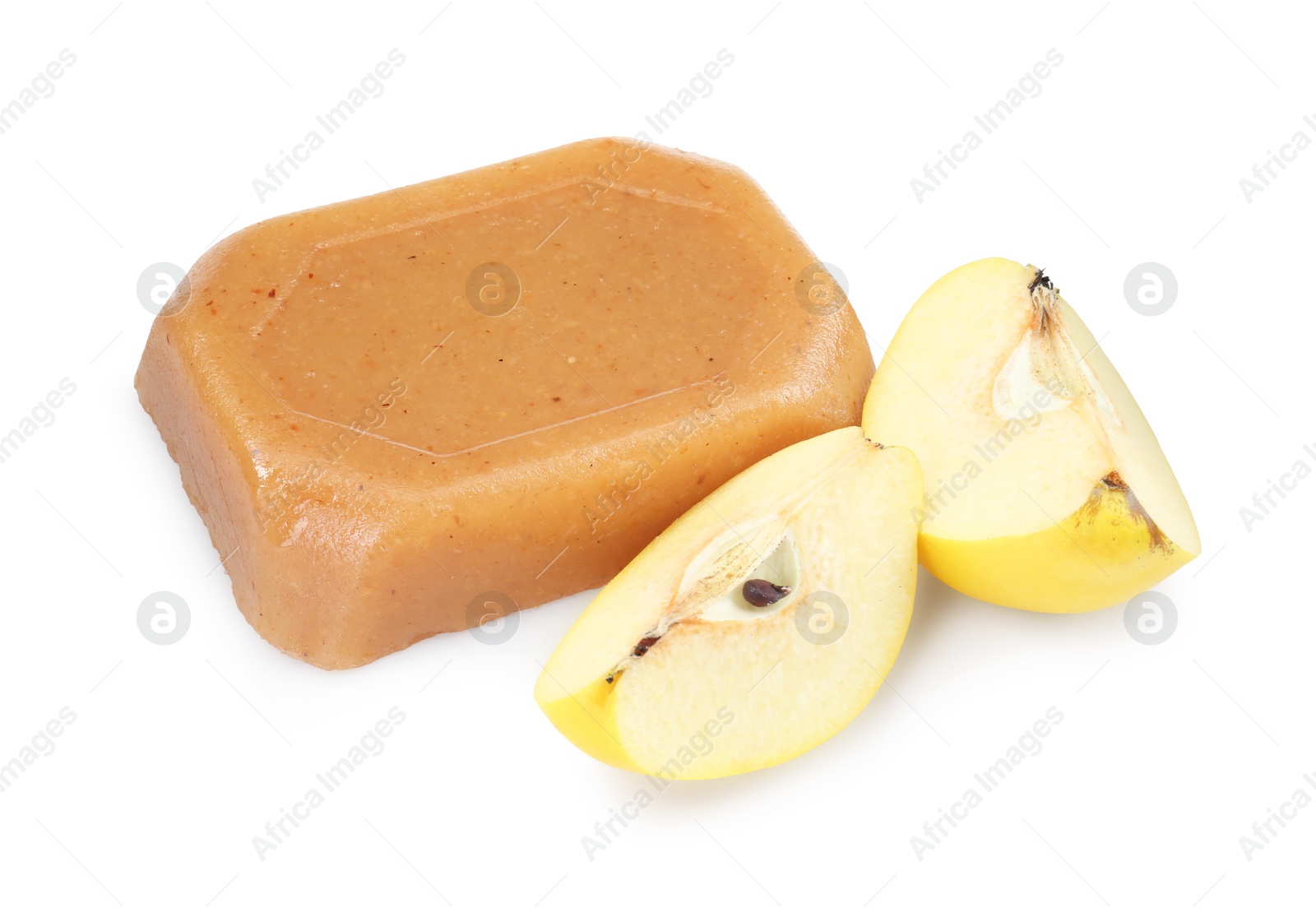 Photo of Delicious sweet quince paste and fresh cut fruit isolated on white