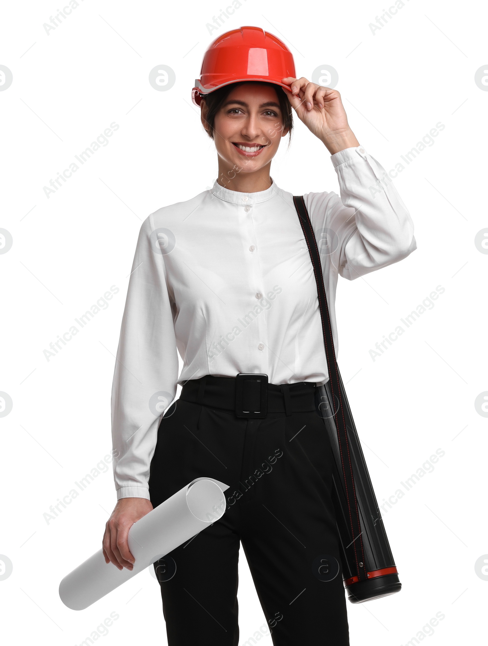 Photo of Architect with hard hat, tube and draft on white background