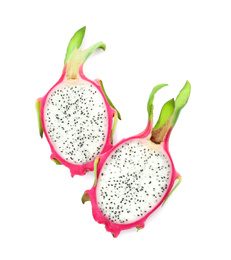 Photo of Halves of delicious ripe dragon fruit (pitahaya) on white background, top view