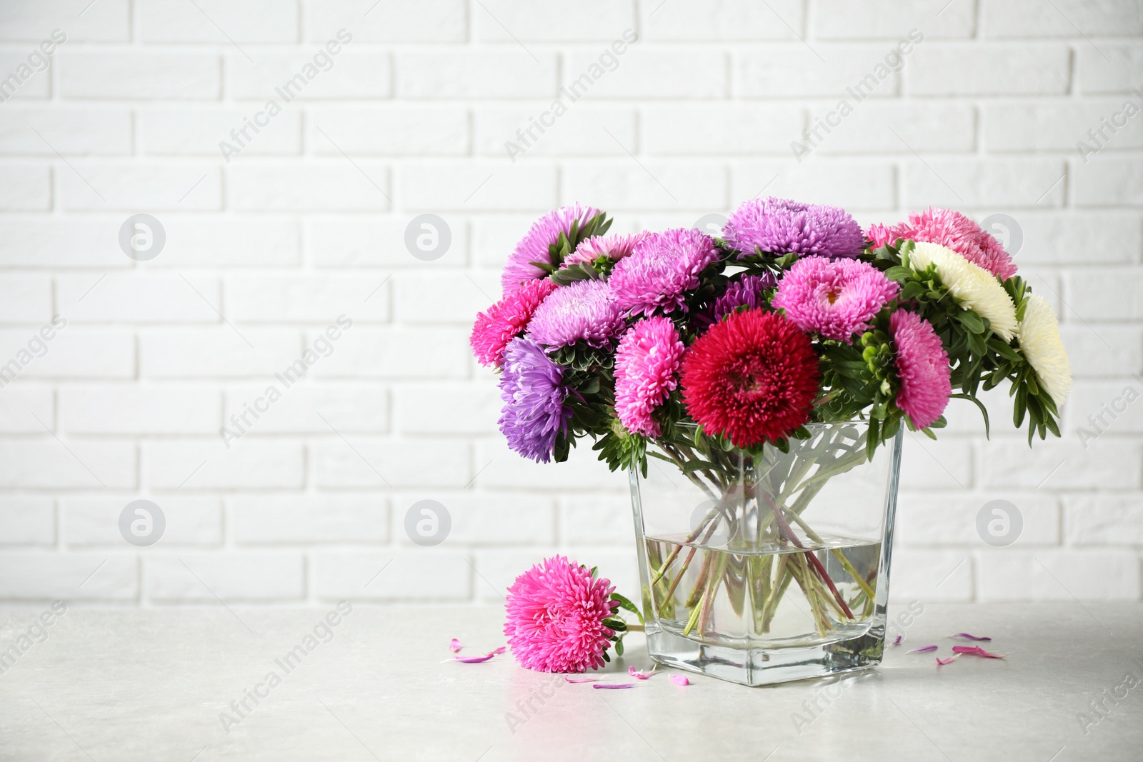 Photo of Glass vase with beautiful aster flowers on table against white brick wall. Space for text