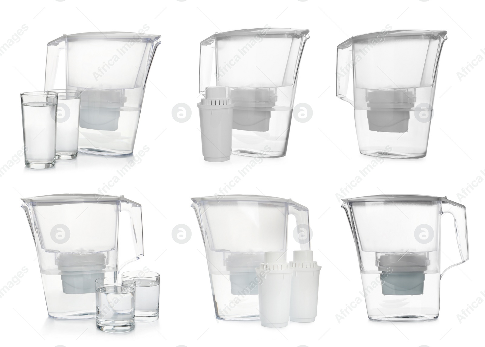Image of Set with water filter jugs and glasses on white background