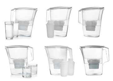 Set with water filter jugs and glasses on white background