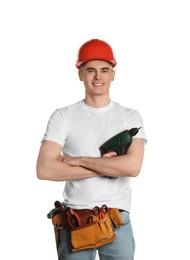 Photo of Handyman with tool belt and electric screwdriver isolated on white