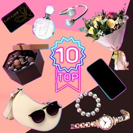 Image of Top ten list of gifts for her on color background