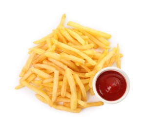 Tasty french fries with ketchup on white background, top view