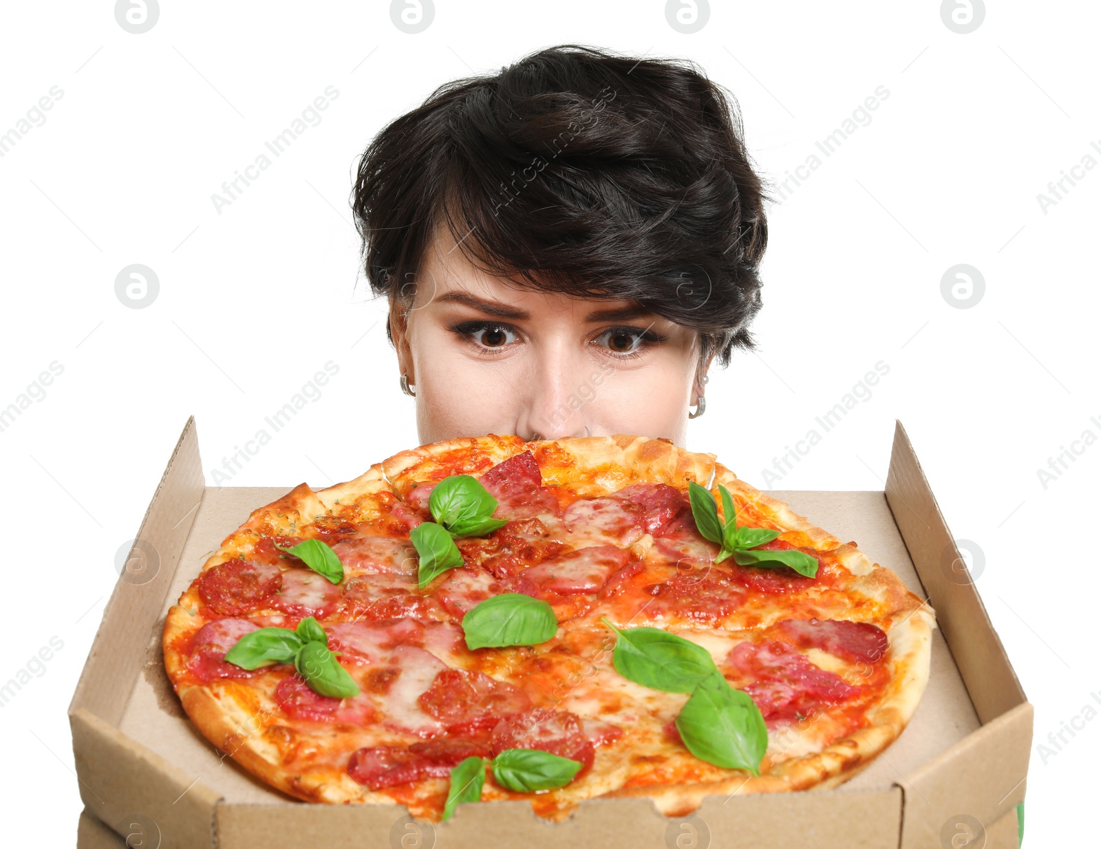 Photo of Attractive young woman with delicious pizza on white background