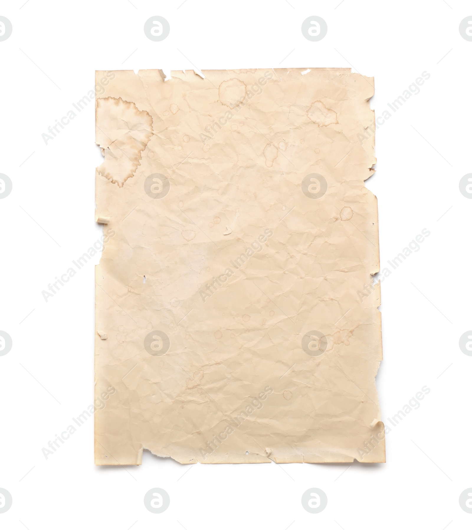 Photo of Sheet of old parchment paper isolated on white, top view. Space for design