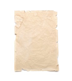 Photo of Sheet of old parchment paper isolated on white, top view. Space for design