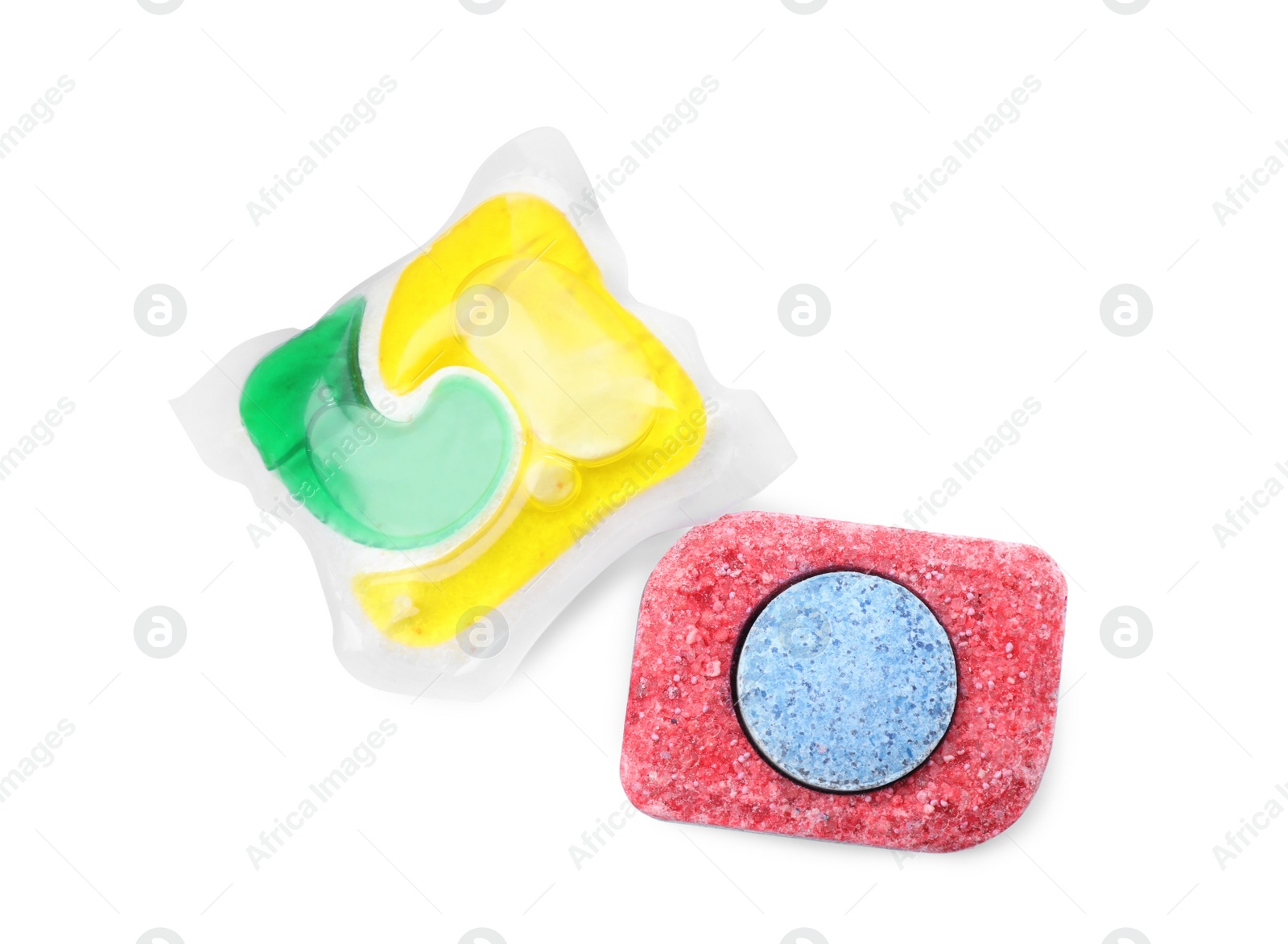 Photo of Dishwasher detergent pod and tablet on white background, top view