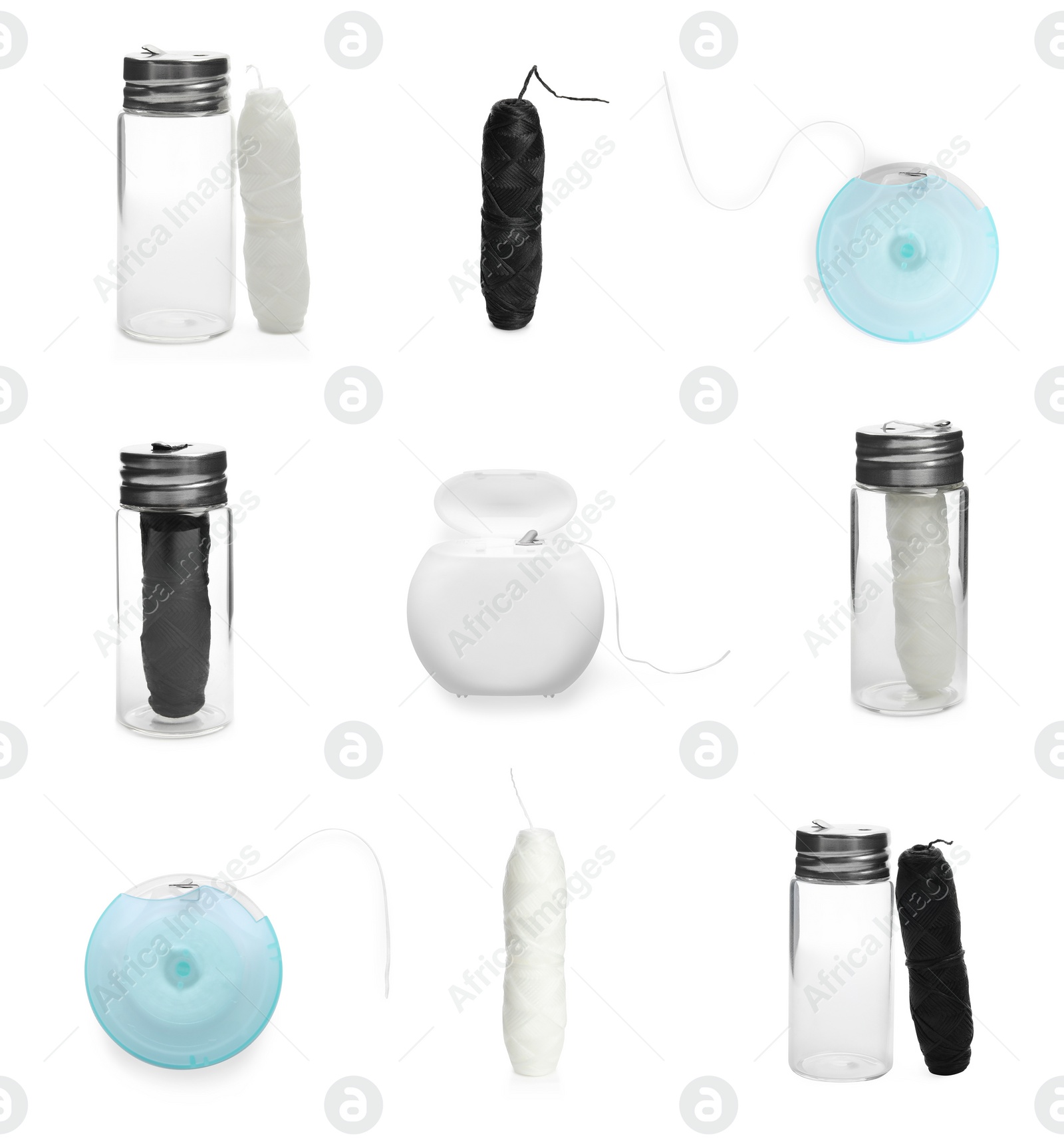 Image of Set of different dental flosses on white background