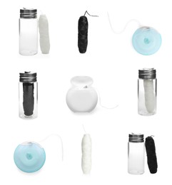 Set of different dental flosses on white background