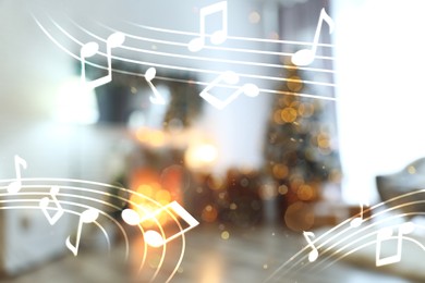 Image of Music notes and blurred view of room decorated for Christmas and New Year celebration, bokeh effect