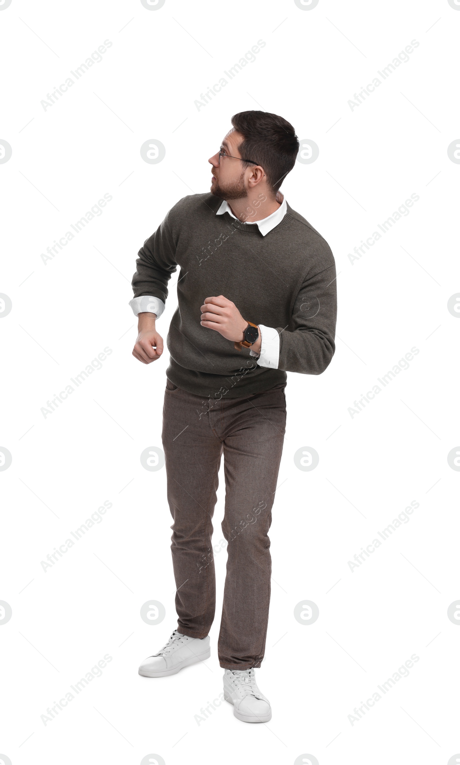 Photo of Handsome bearded businessman in eyeglasses on white background