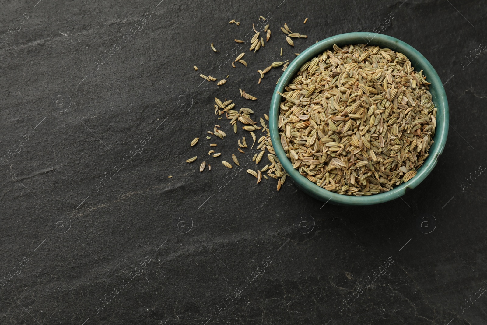 Photo of Fennel seeds in bowl on gray table, top view. Space for text