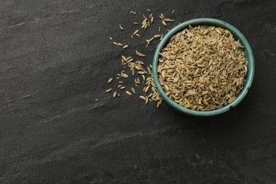Photo of Fennel seeds in bowl on gray table, top view. Space for text