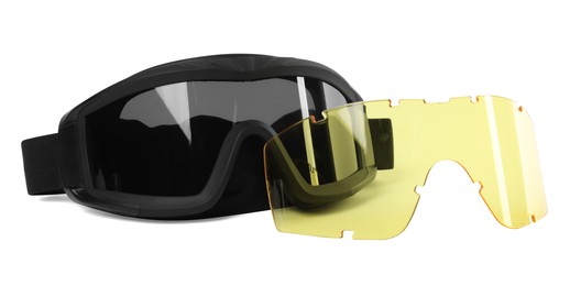 Photo of Tactical glasses and yellow lens on white background. Military training equipment