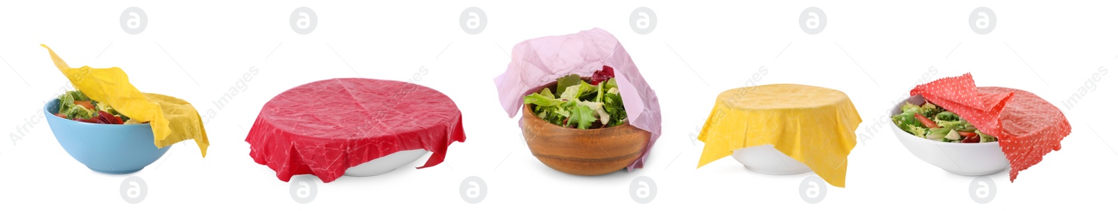 Image of Collage of different food in bowls covered with beeswax wraps isolated on white