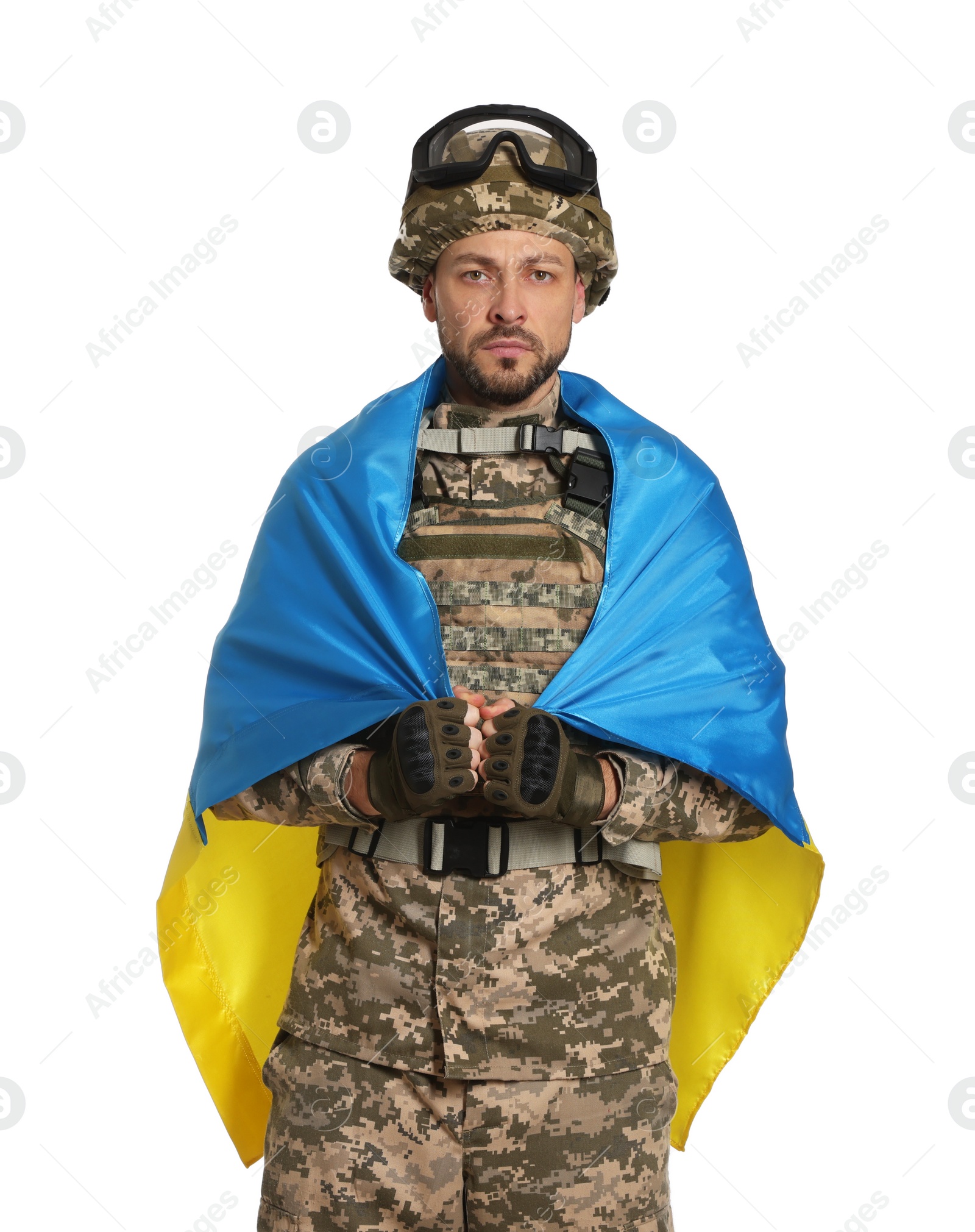 Photo of Soldier in military uniform with Ukrainian flag on white background