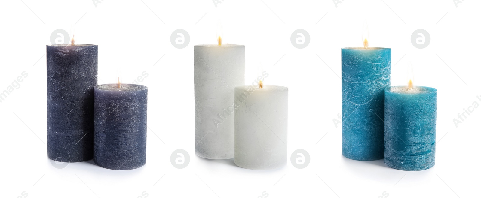 Image of Set of burning color candles on white background. Banner design