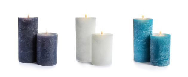 Set of burning color candles on white background. Banner design