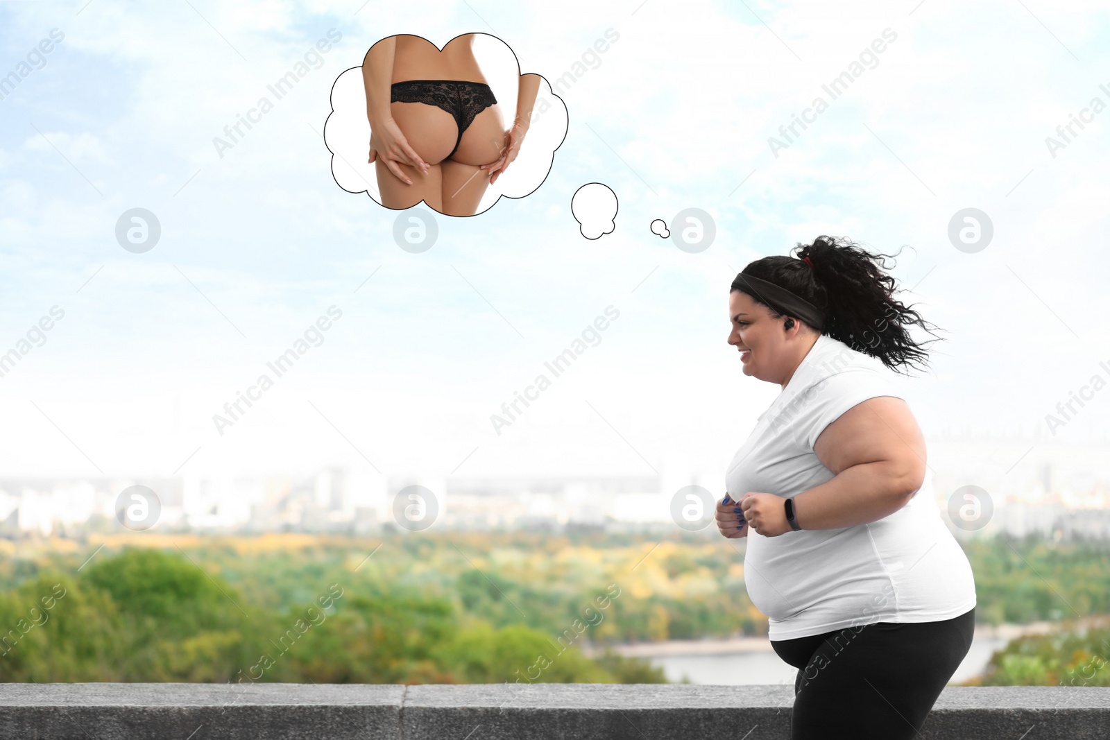 Image of Overweight woman dreaming about slim body while running outdoors