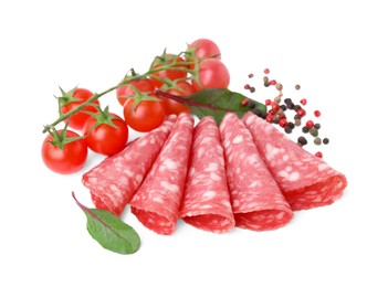 Photo of Slices of delicious salami, tomatoes, pepper and spinach isolated on white