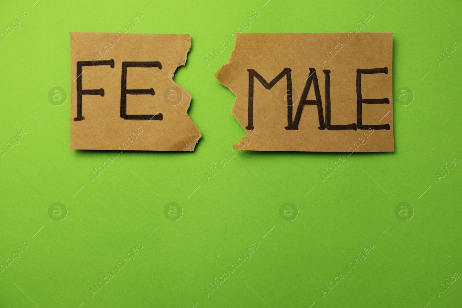 Photo of Gender equality. Torn card with word FEMALE on green background, flat lay. Space for text