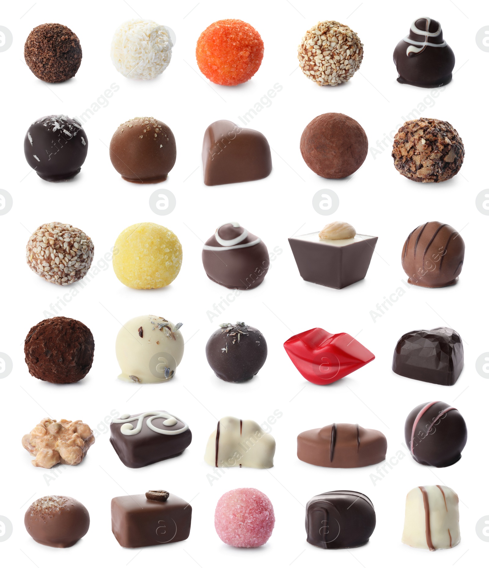 Image of Set with different chocolate candies on white background